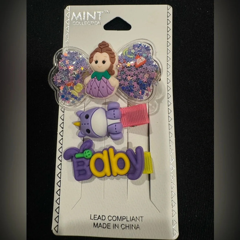 Girls Set of 3 Hair Clips Puffy Mermaid Purple
